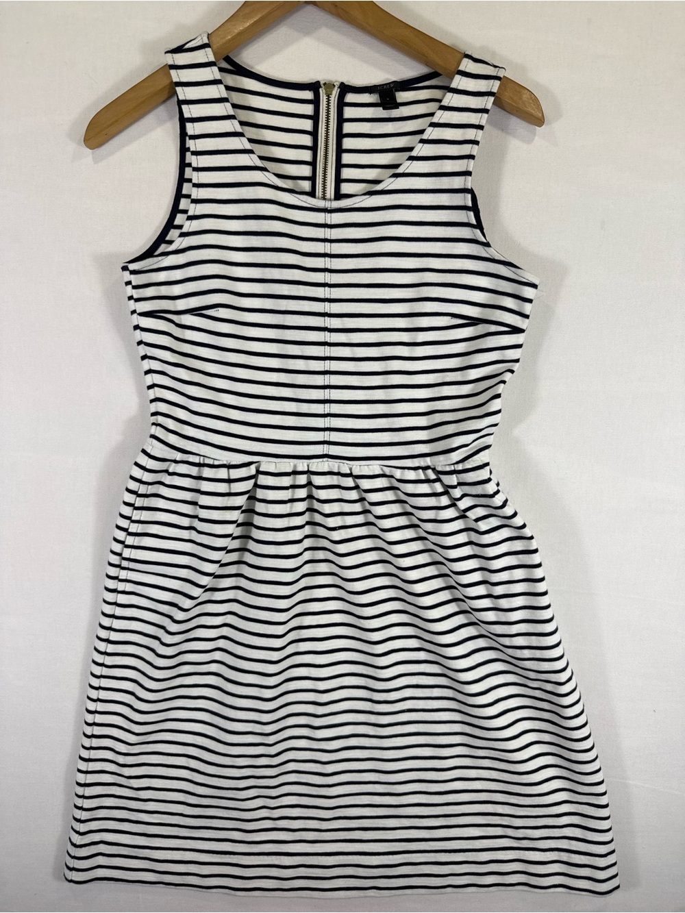 J. Crew Black and White Striped Sleeveless Fit-and-Flare Dress with Pockets